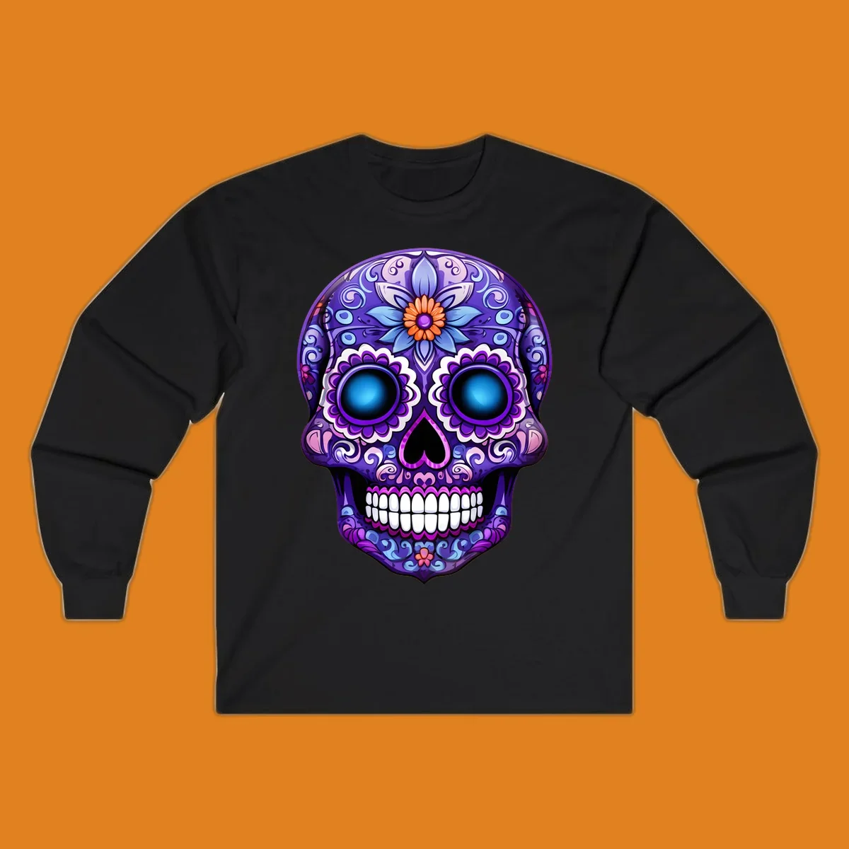 A vibrant purple calavera skull illustration with intricate blue and pink floral patterns and bright glowing blue eyes.