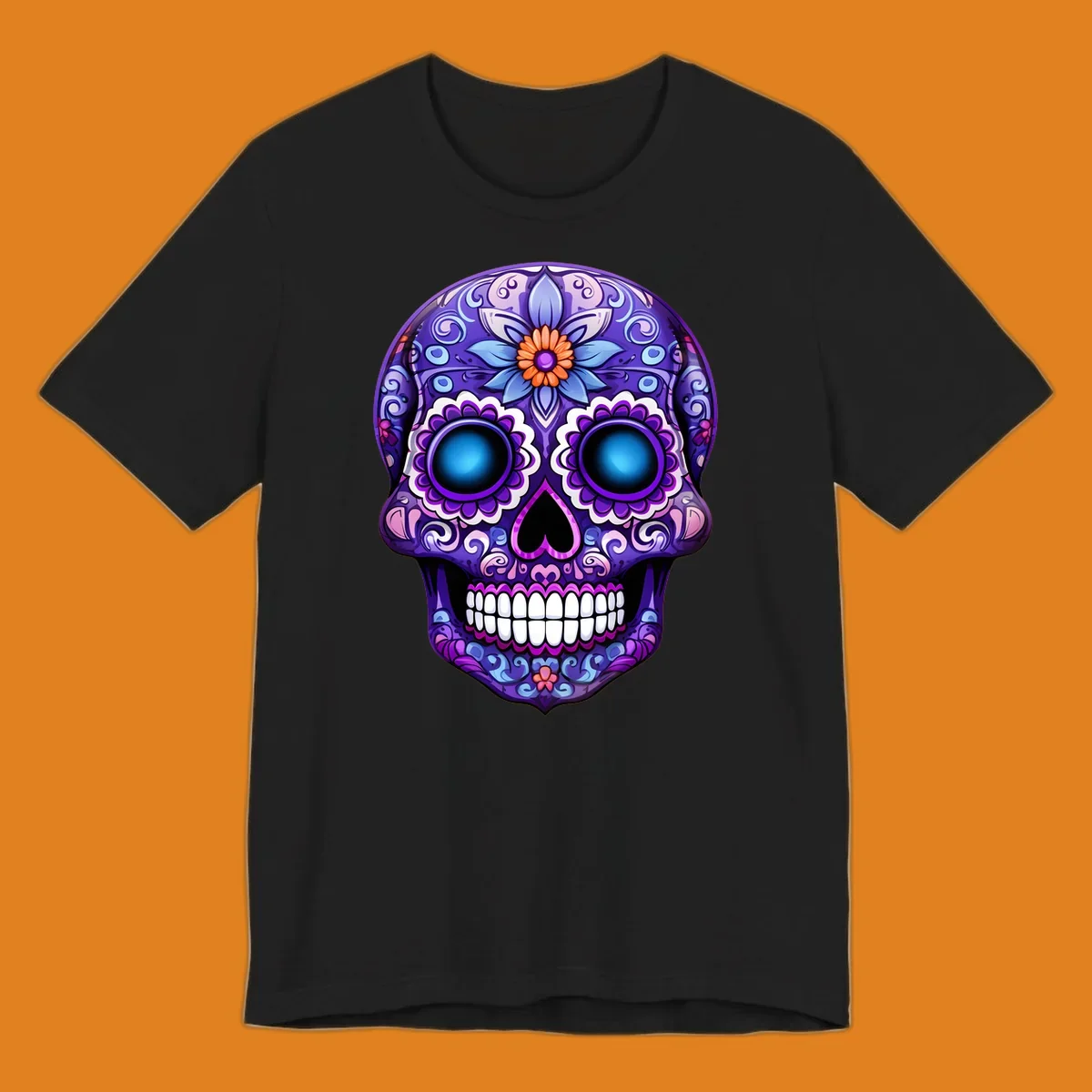 A vibrant purple calavera skull illustration with intricate blue and pink floral patterns and bright glowing blue eyes.
