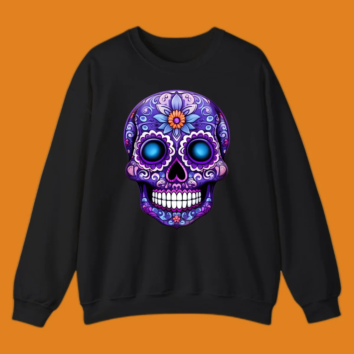 A vibrant purple calavera skull illustration with intricate blue and pink floral patterns and bright glowing blue eyes.