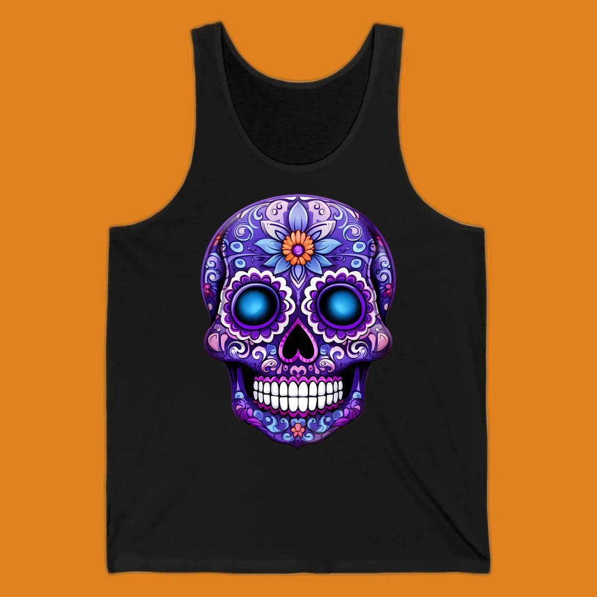 A vibrant purple calavera skull illustration with intricate blue and pink floral patterns and bright glowing blue eyes.