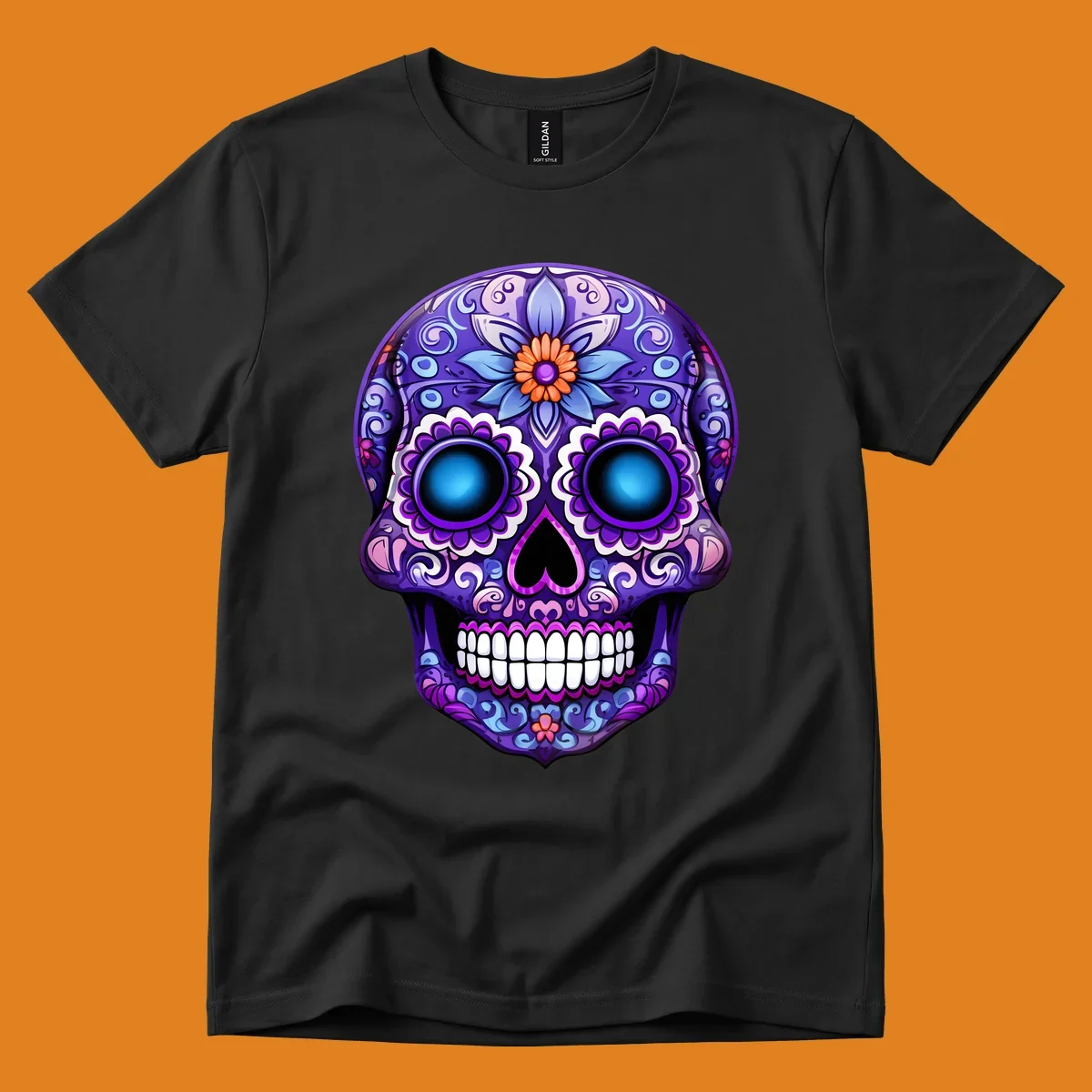 A vibrant purple calavera skull illustration with intricate blue and pink floral patterns and bright glowing blue eyes.