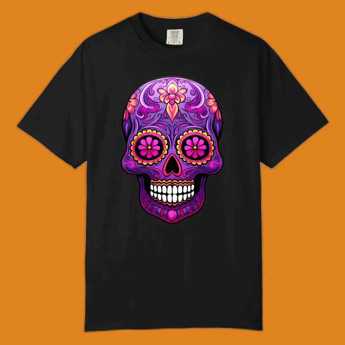 A vibrant floral sugar skull design, rich with purple, pink, and yellow hues, intricate swirls, and flower patterns.