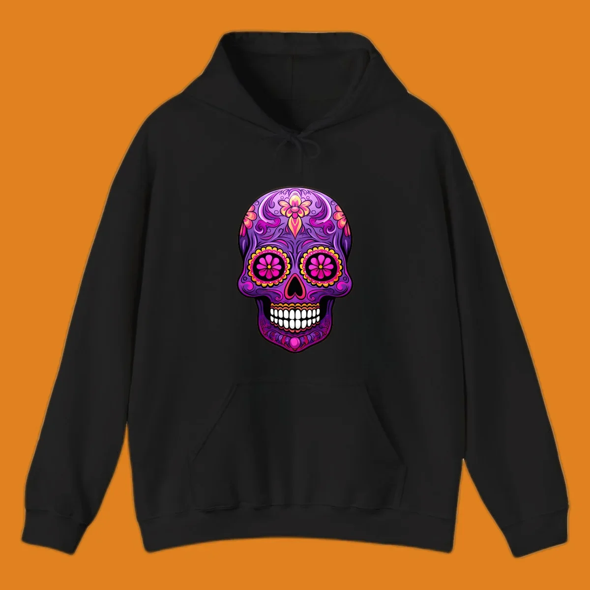 A vibrant floral sugar skull design, rich with purple, pink, and yellow hues, intricate swirls, and flower patterns.