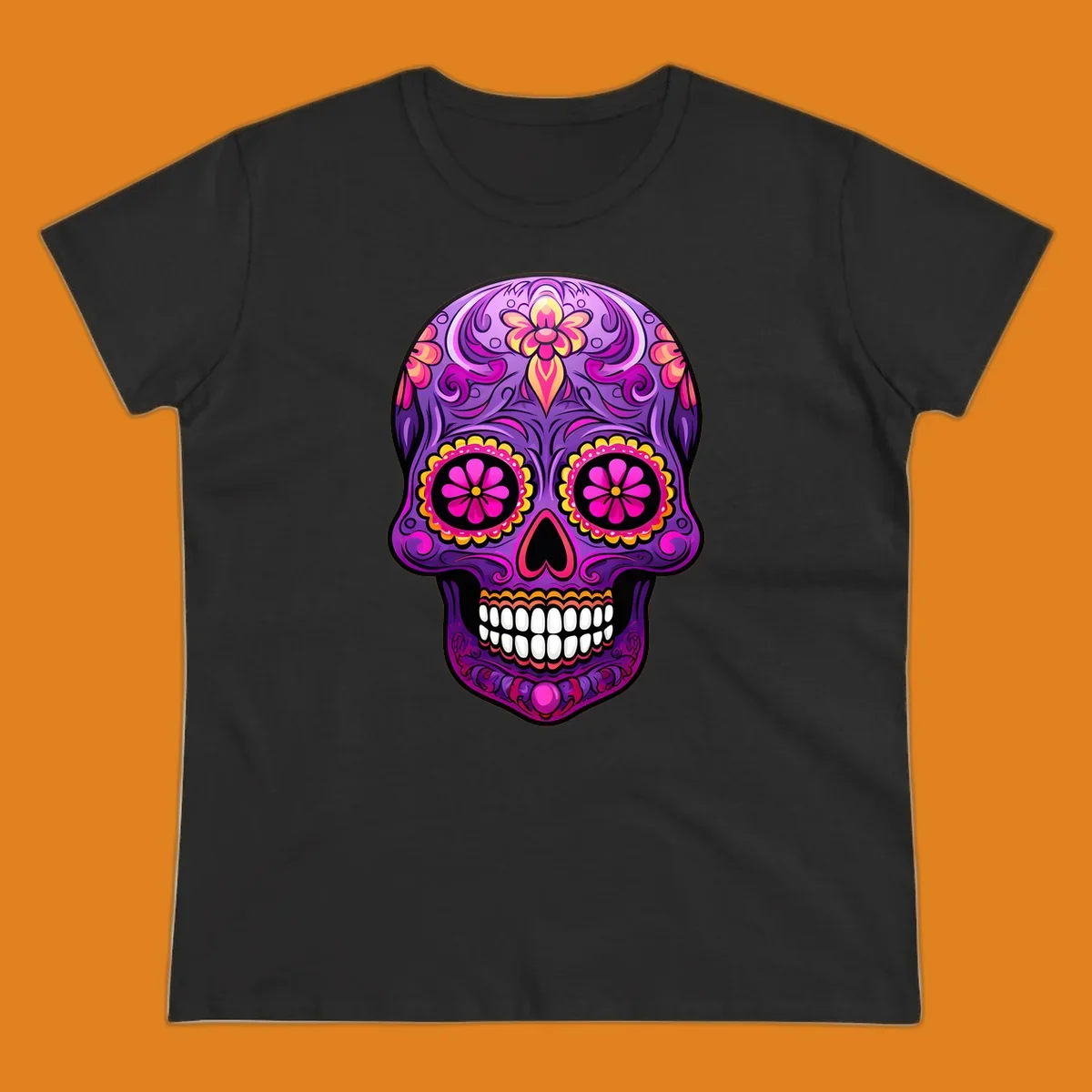 A vibrant floral sugar skull design, rich with purple, pink, and yellow hues, intricate swirls, and flower patterns.