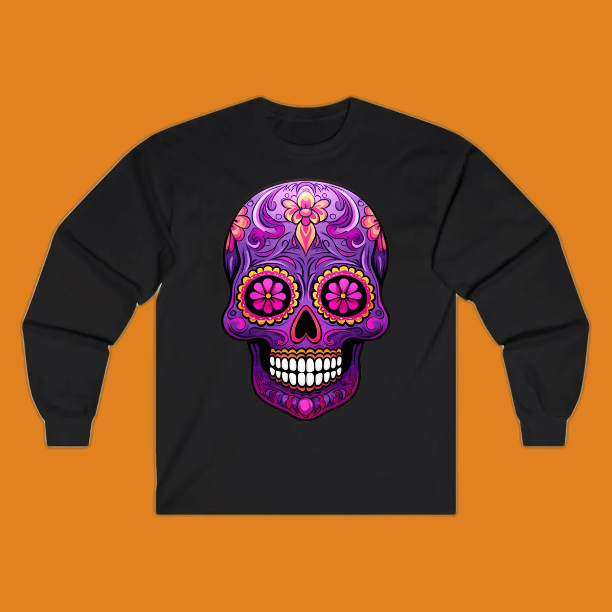 A vibrant floral sugar skull design, rich with purple, pink, and yellow hues, intricate swirls, and flower patterns.