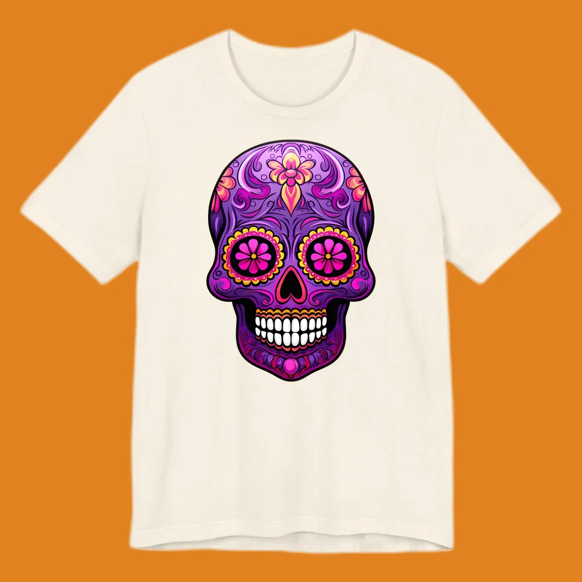 A vibrant floral sugar skull design, rich with purple, pink, and yellow hues, intricate swirls, and flower patterns.