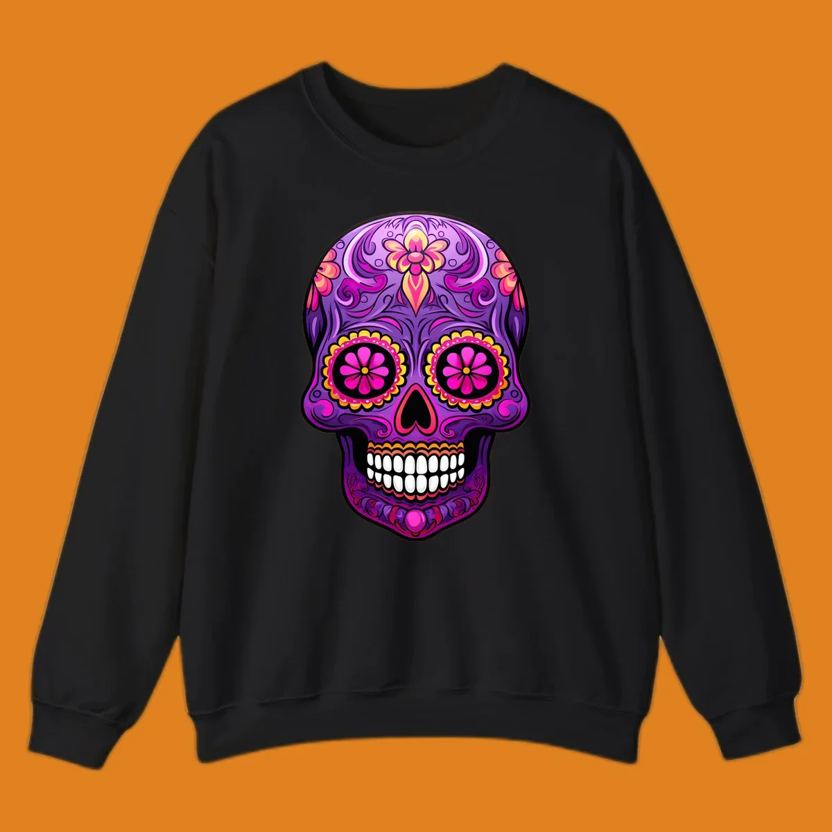A vibrant floral sugar skull design, rich with purple, pink, and yellow hues, intricate swirls, and flower patterns.