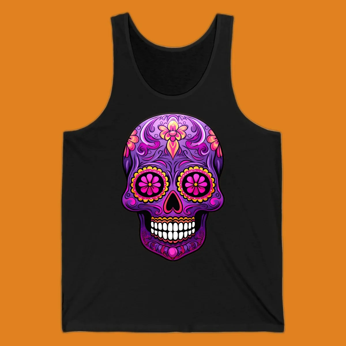 A vibrant floral sugar skull design, rich with purple, pink, and yellow hues, intricate swirls, and flower patterns.