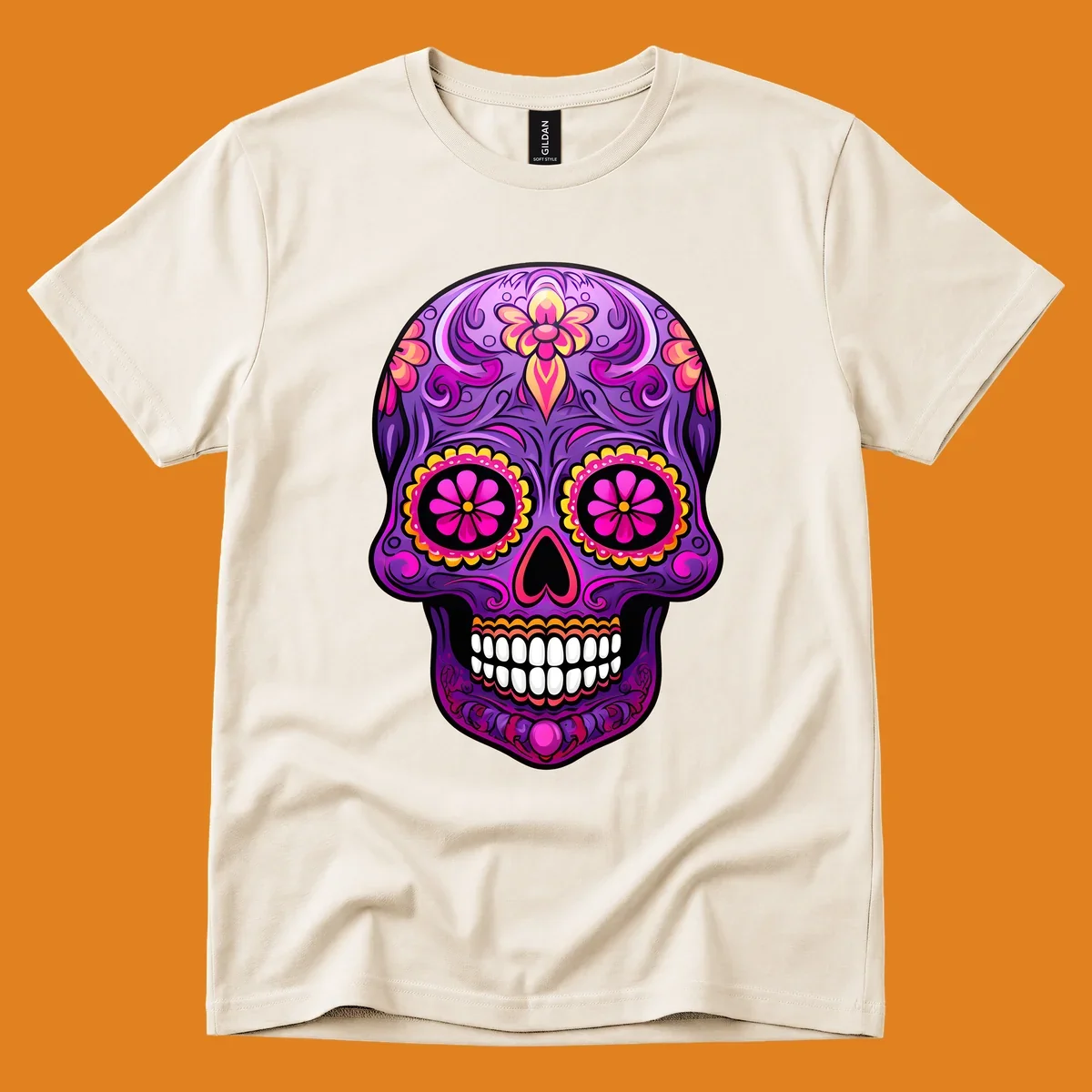 A vibrant floral sugar skull design, rich with purple, pink, and yellow hues, intricate swirls, and flower patterns.