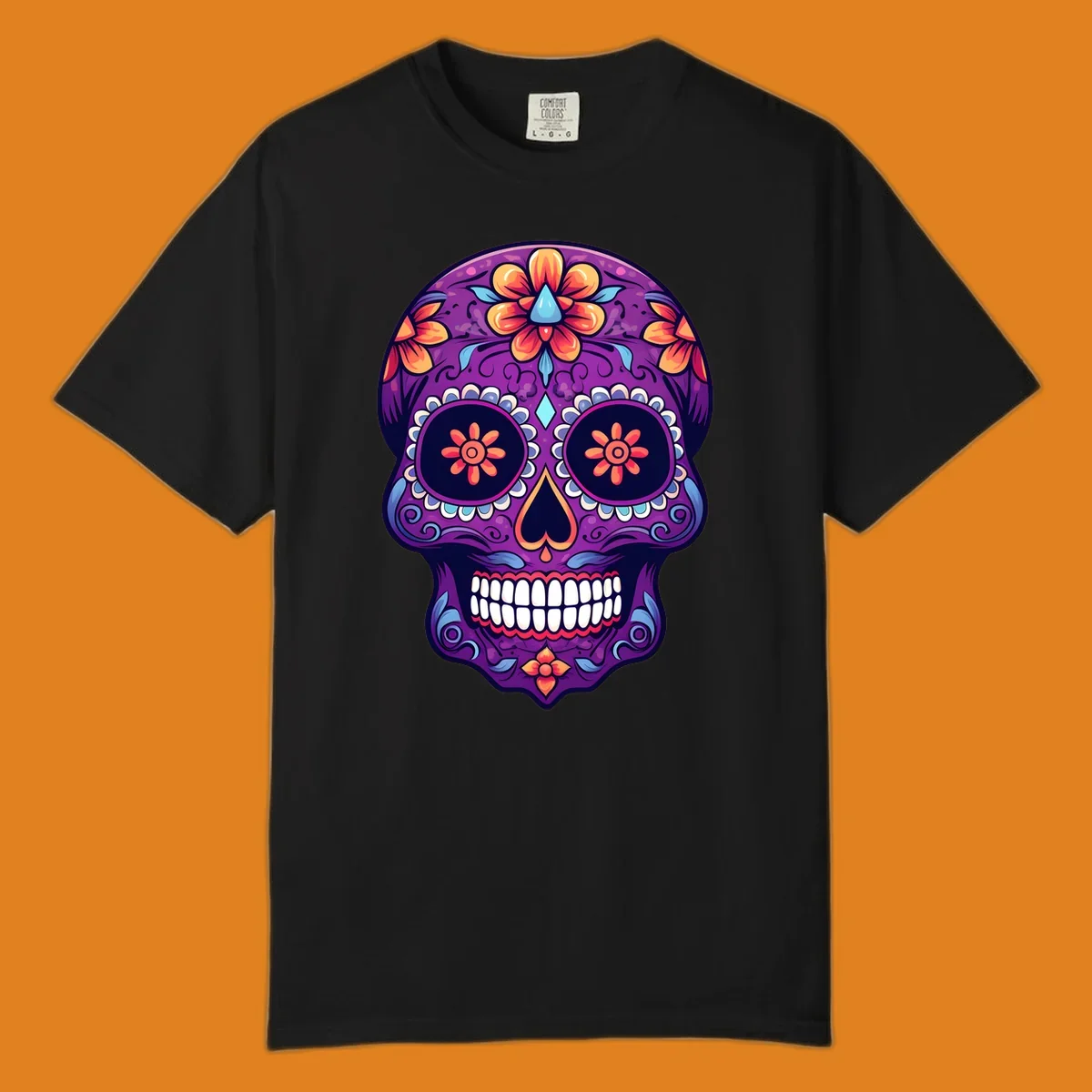 A vibrant floral sugar skull illustration in purple, orange, and blue with intricate patterns and white teeth.