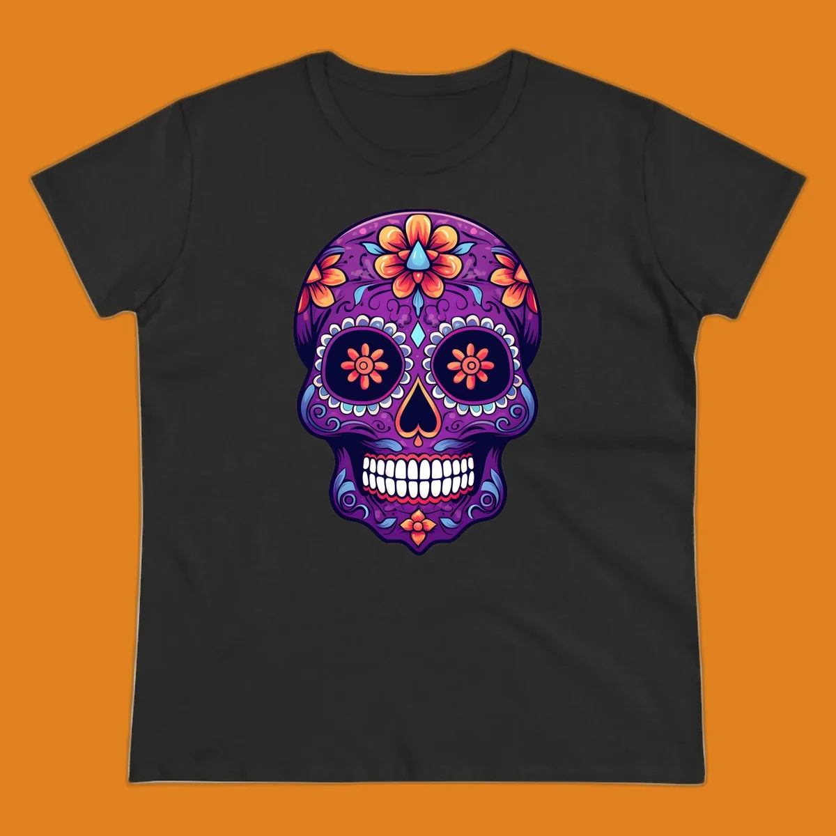 A vibrant floral sugar skull illustration in purple, orange, and blue with intricate patterns and white teeth.