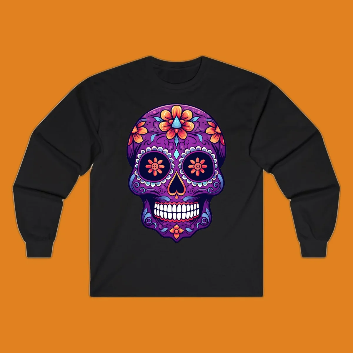 A vibrant floral sugar skull illustration in purple, orange, and blue with intricate patterns and white teeth.