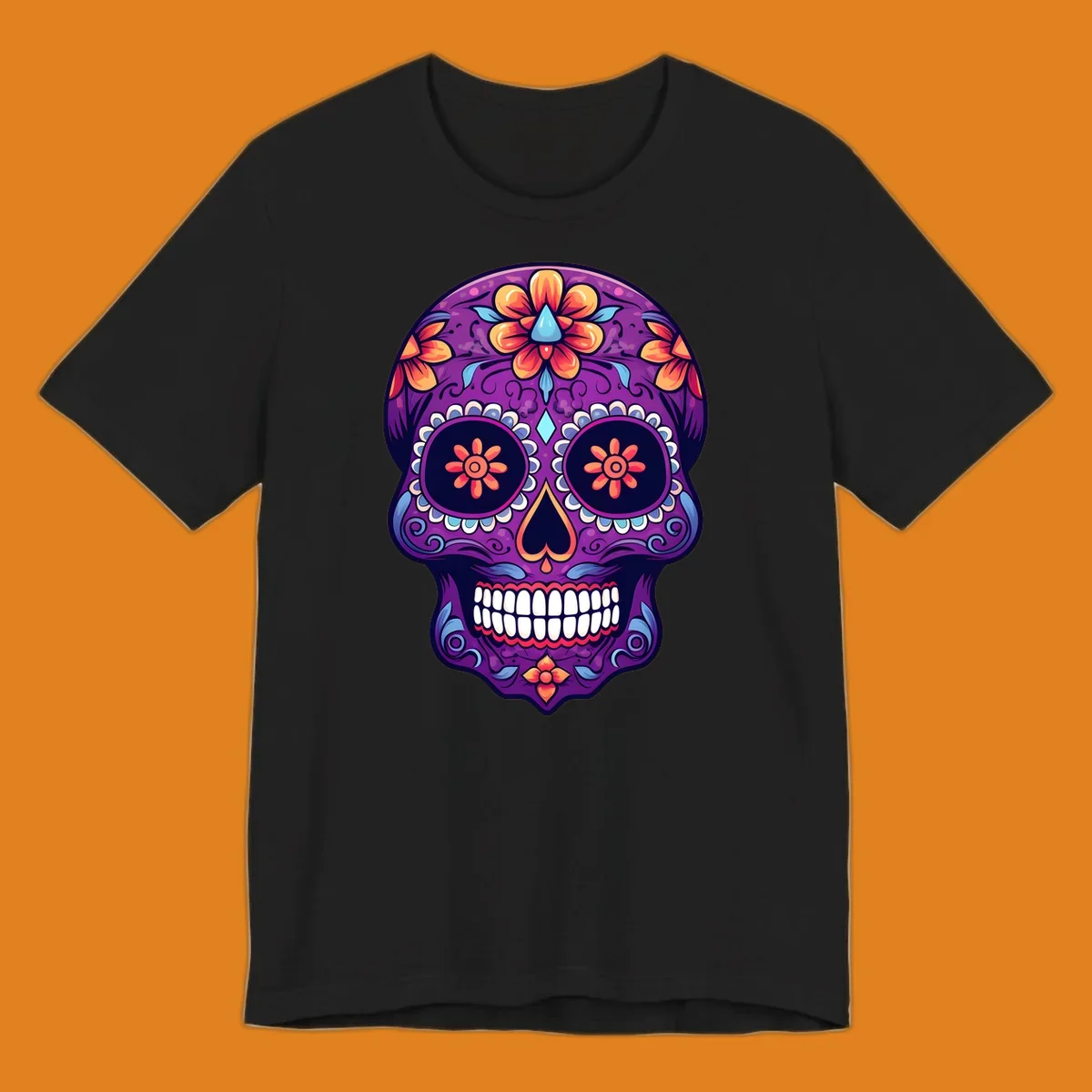 A vibrant floral sugar skull illustration in purple, orange, and blue with intricate patterns and white teeth.
