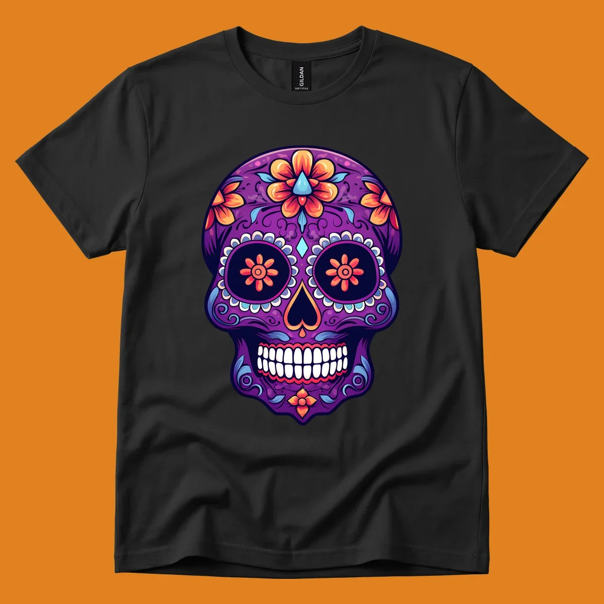 A vibrant floral sugar skull illustration in purple, orange, and blue with intricate patterns and white teeth.
