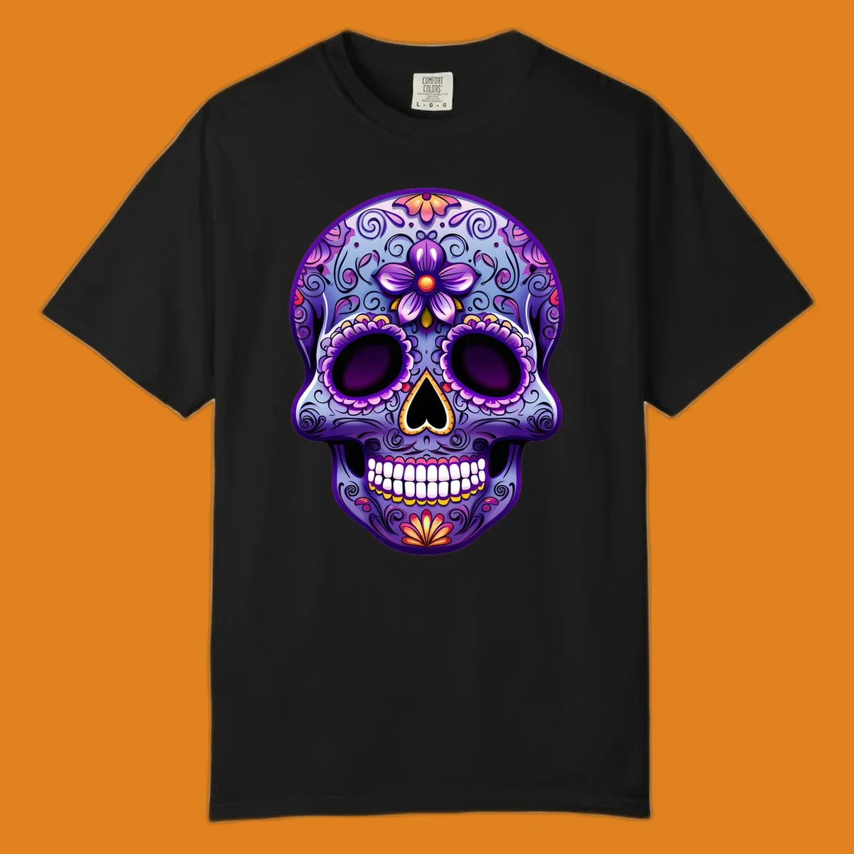 A vibrant purple and blue sugar skull illustration, adorned with pink and yellow flowers and intricate scrollwork, celebrating Day of the Dead.