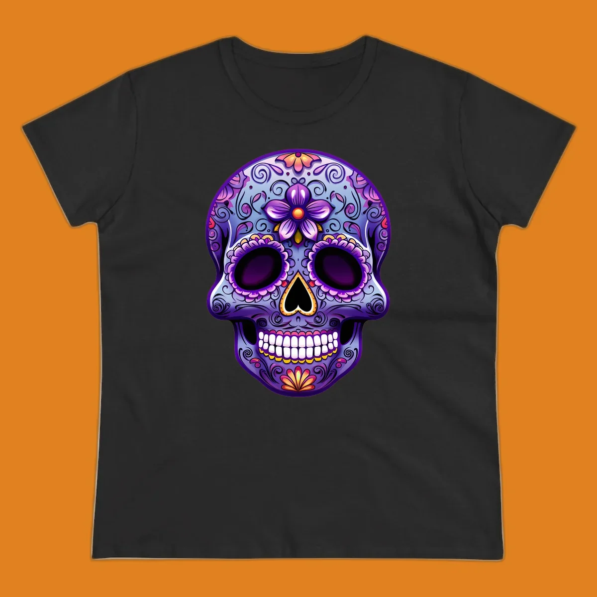 A vibrant purple and blue sugar skull illustration, adorned with pink and yellow flowers and intricate scrollwork, celebrating Day of the Dead.