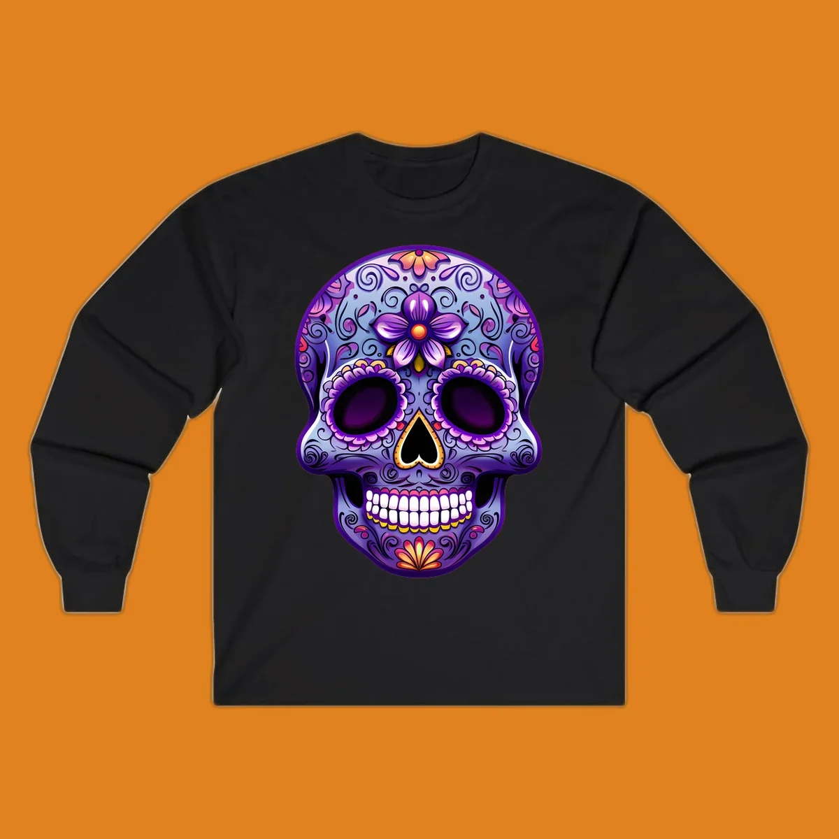 A vibrant purple and blue sugar skull illustration, adorned with pink and yellow flowers and intricate scrollwork, celebrating Day of the Dead.