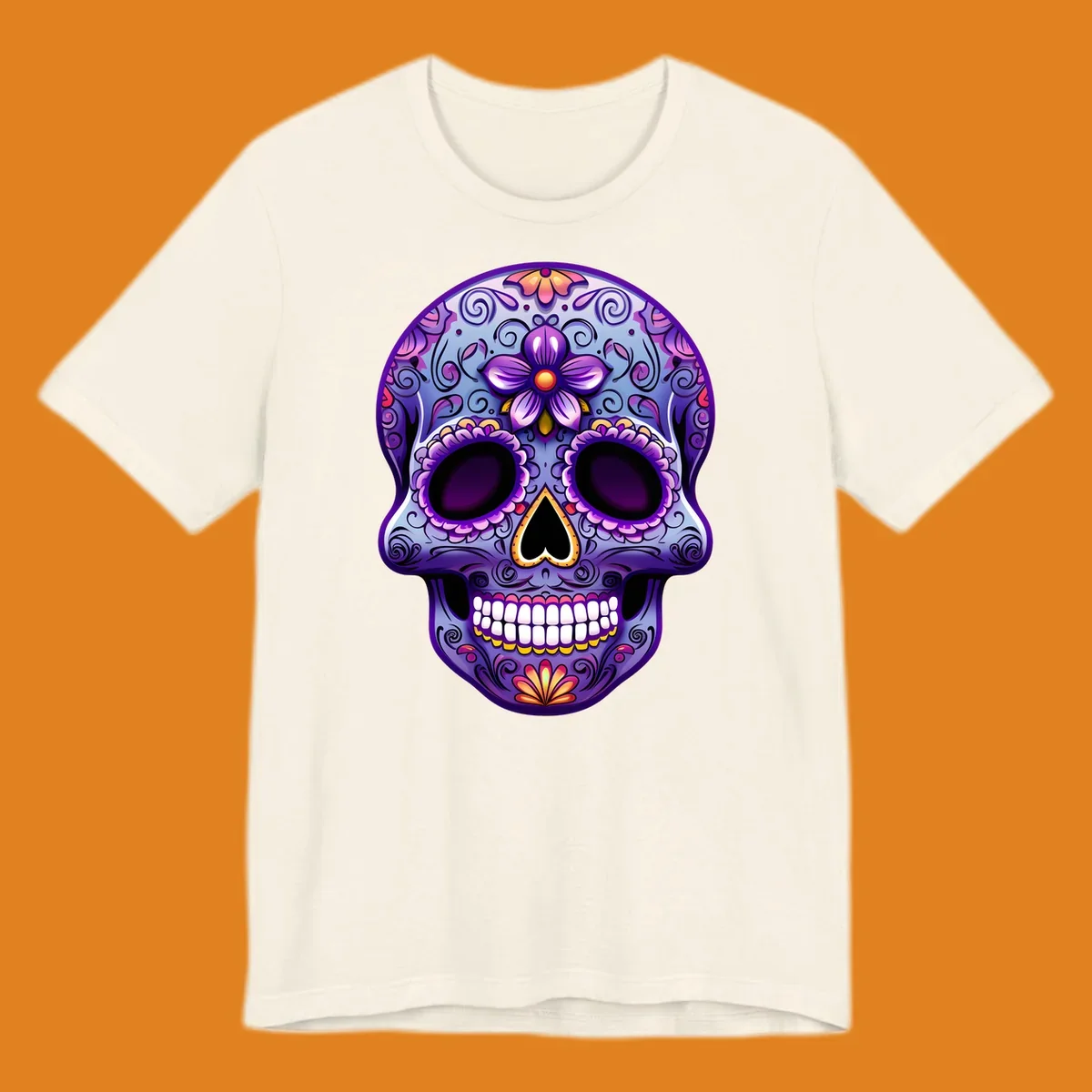 A vibrant purple and blue sugar skull illustration, adorned with pink and yellow flowers and intricate scrollwork, celebrating Day of the Dead.