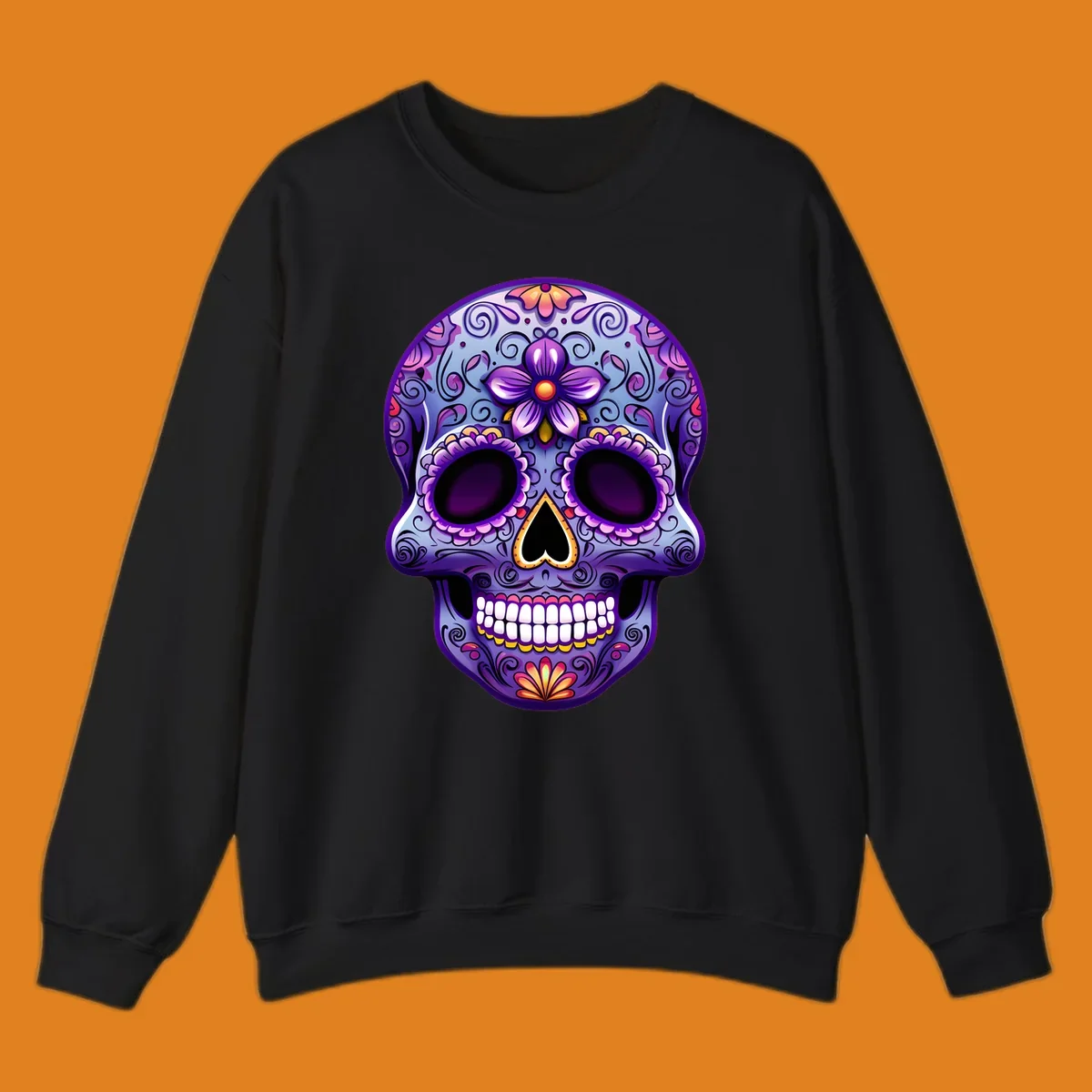 A vibrant purple and blue sugar skull illustration, adorned with pink and yellow flowers and intricate scrollwork, celebrating Day of the Dead.