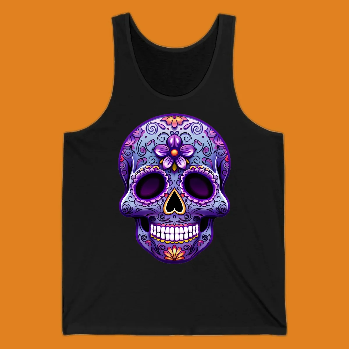 A vibrant purple and blue sugar skull illustration, adorned with pink and yellow flowers and intricate scrollwork, celebrating Day of the Dead.