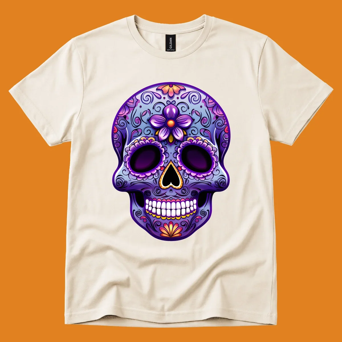 A vibrant purple and blue sugar skull illustration, adorned with pink and yellow flowers and intricate scrollwork, celebrating Day of the Dead.