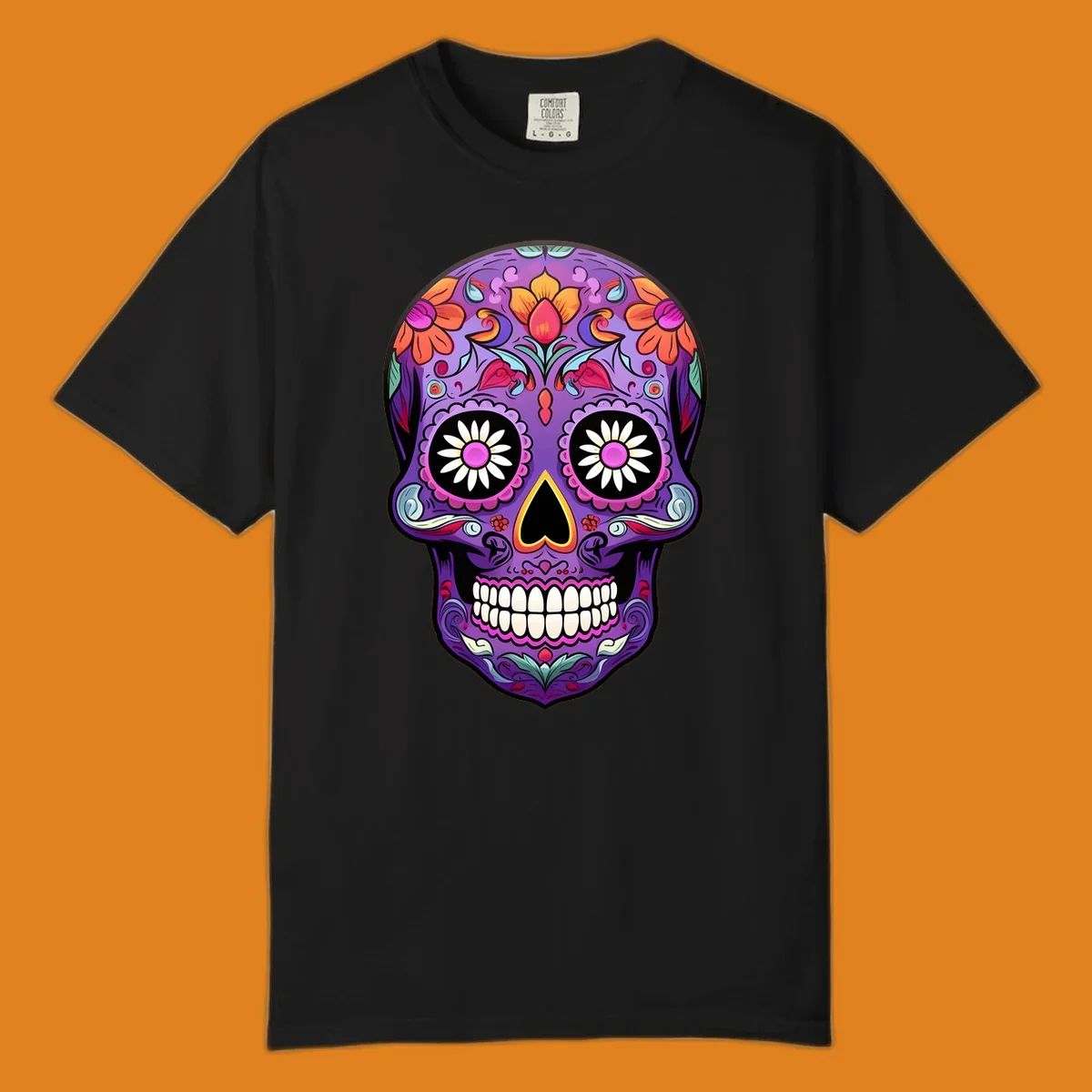 A vibrant purple calavera sugar skull adorned with intricate floral patterns in pink, orange, yellow, and blue, with flower eyes. This vibrant-floral-sugar-skull design is for apparel.