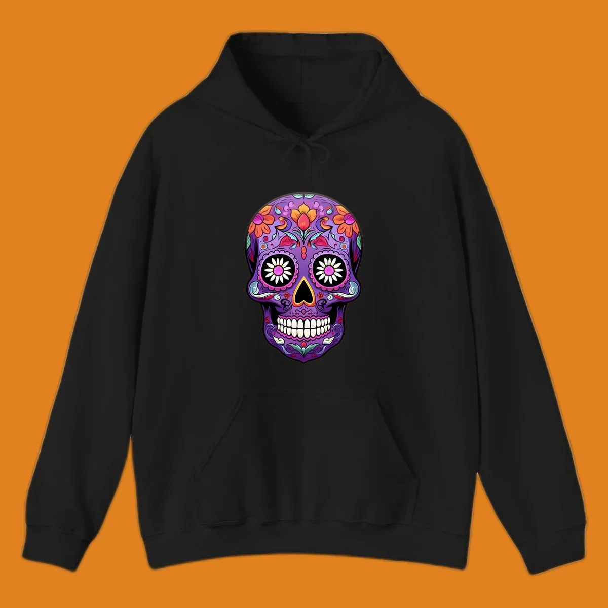 A vibrant purple calavera sugar skull adorned with intricate floral patterns in pink, orange, yellow, and blue, with flower eyes. This vibrant-floral-sugar-skull design is for apparel.