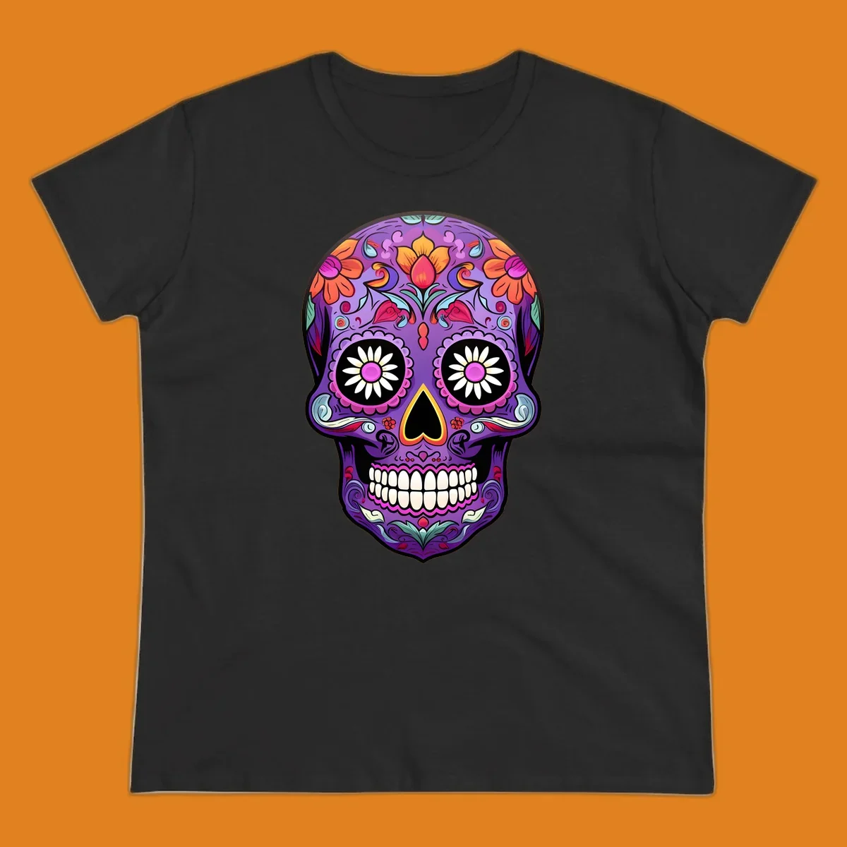 A vibrant purple calavera sugar skull adorned with intricate floral patterns in pink, orange, yellow, and blue, with flower eyes. This vibrant-floral-sugar-skull design is for apparel.
