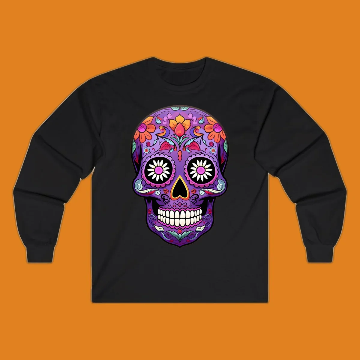 A vibrant purple calavera sugar skull adorned with intricate floral patterns in pink, orange, yellow, and blue, with flower eyes. This vibrant-floral-sugar-skull design is for apparel.