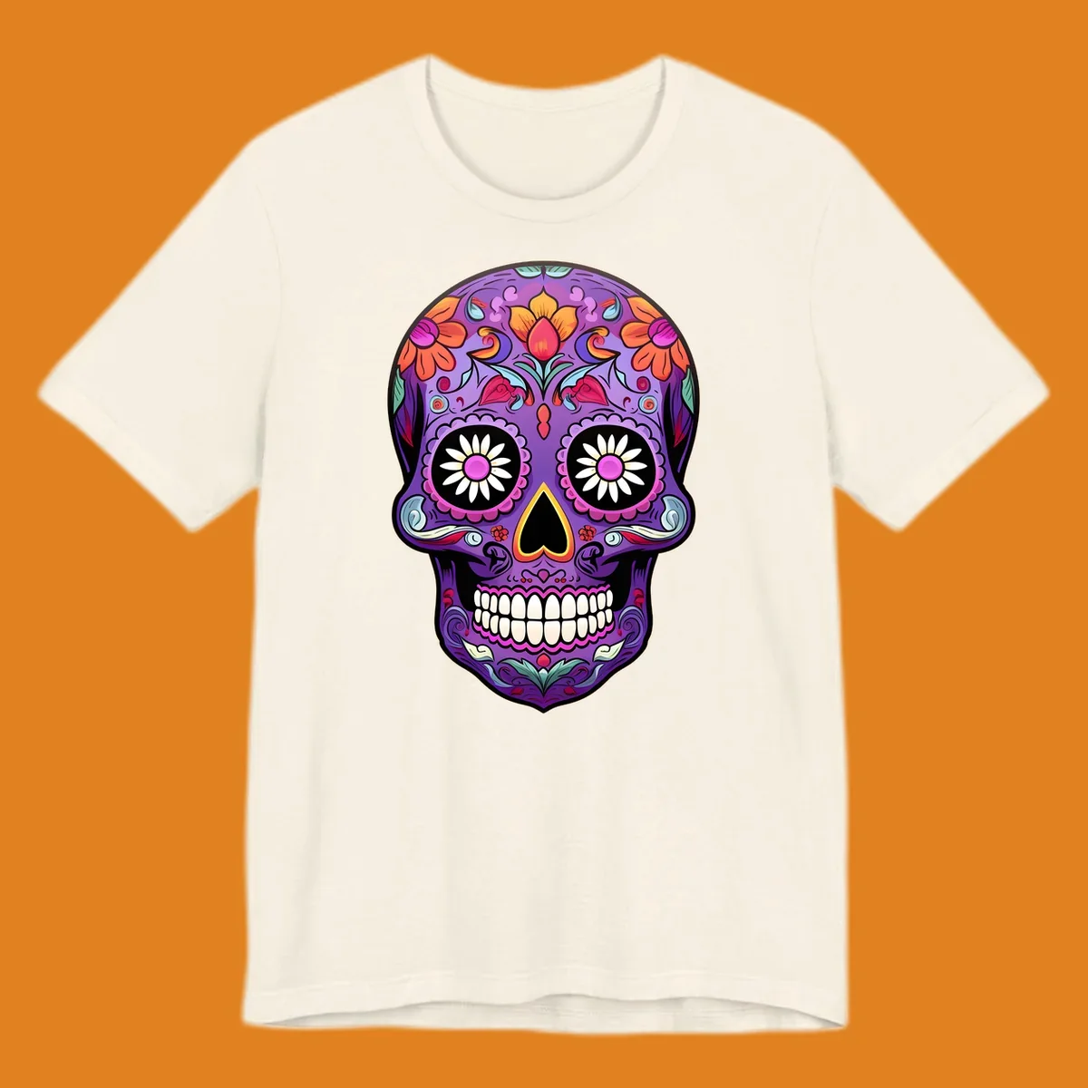 A vibrant purple calavera sugar skull adorned with intricate floral patterns in pink, orange, yellow, and blue, with flower eyes. This vibrant-floral-sugar-skull design is for apparel.