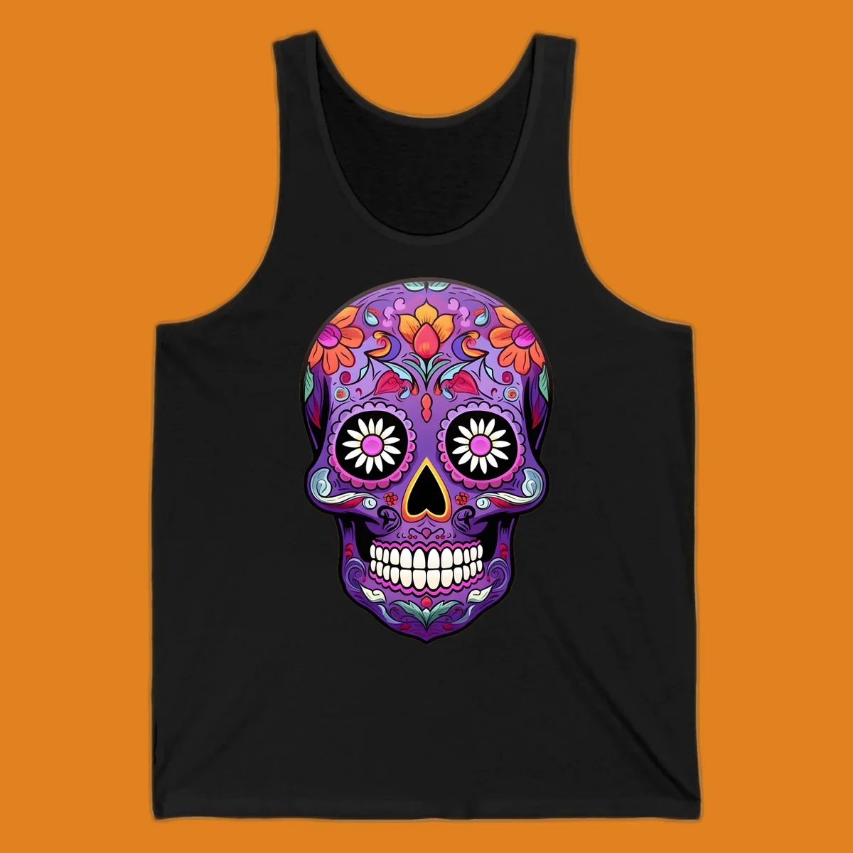 A vibrant purple calavera sugar skull adorned with intricate floral patterns in pink, orange, yellow, and blue, with flower eyes. This vibrant-floral-sugar-skull design is for apparel.