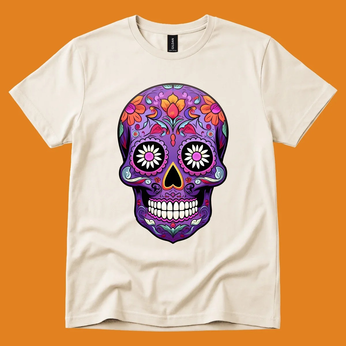 A vibrant purple calavera sugar skull adorned with intricate floral patterns in pink, orange, yellow, and blue, with flower eyes. This vibrant-floral-sugar-skull design is for apparel.