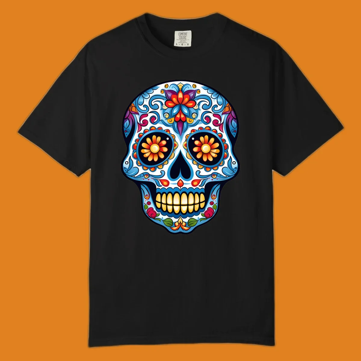 A vibrant floral calavera skull illustration, intricately decorated with colorful flowers and ornate scrolls.