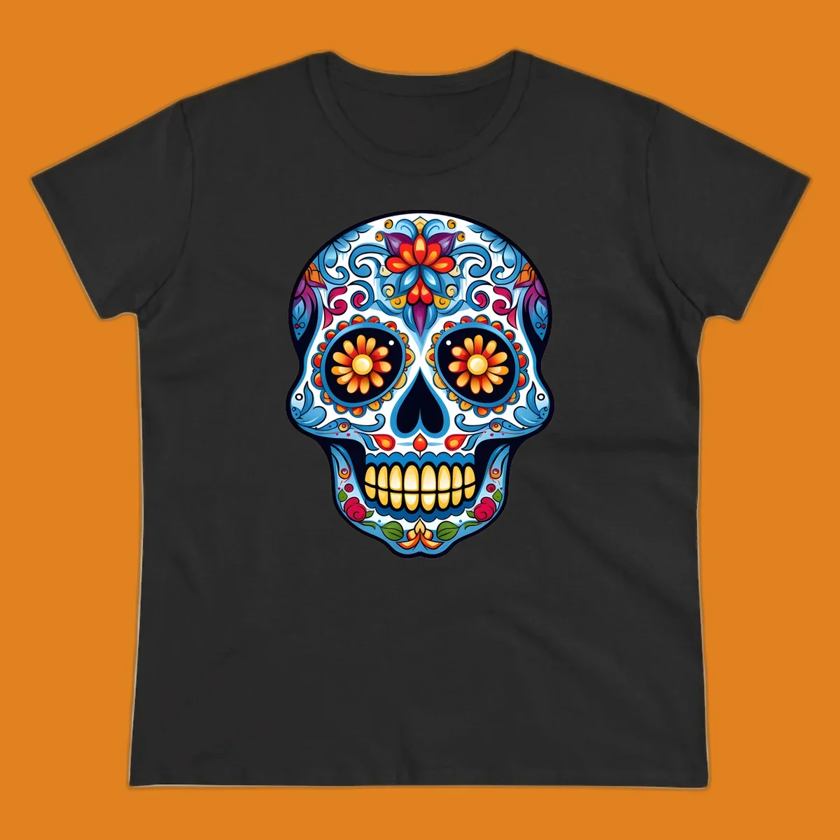 A vibrant floral calavera skull illustration, intricately decorated with colorful flowers and ornate scrolls.