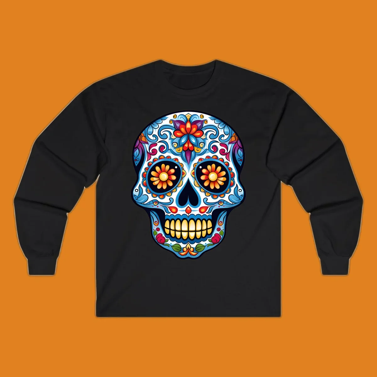 A vibrant floral calavera skull illustration, intricately decorated with colorful flowers and ornate scrolls.