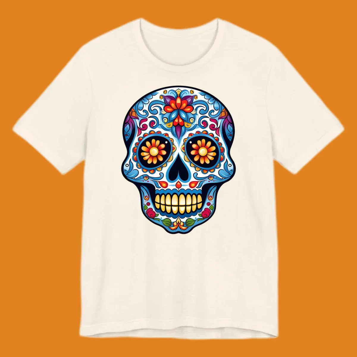 A vibrant floral calavera skull illustration, intricately decorated with colorful flowers and ornate scrolls.