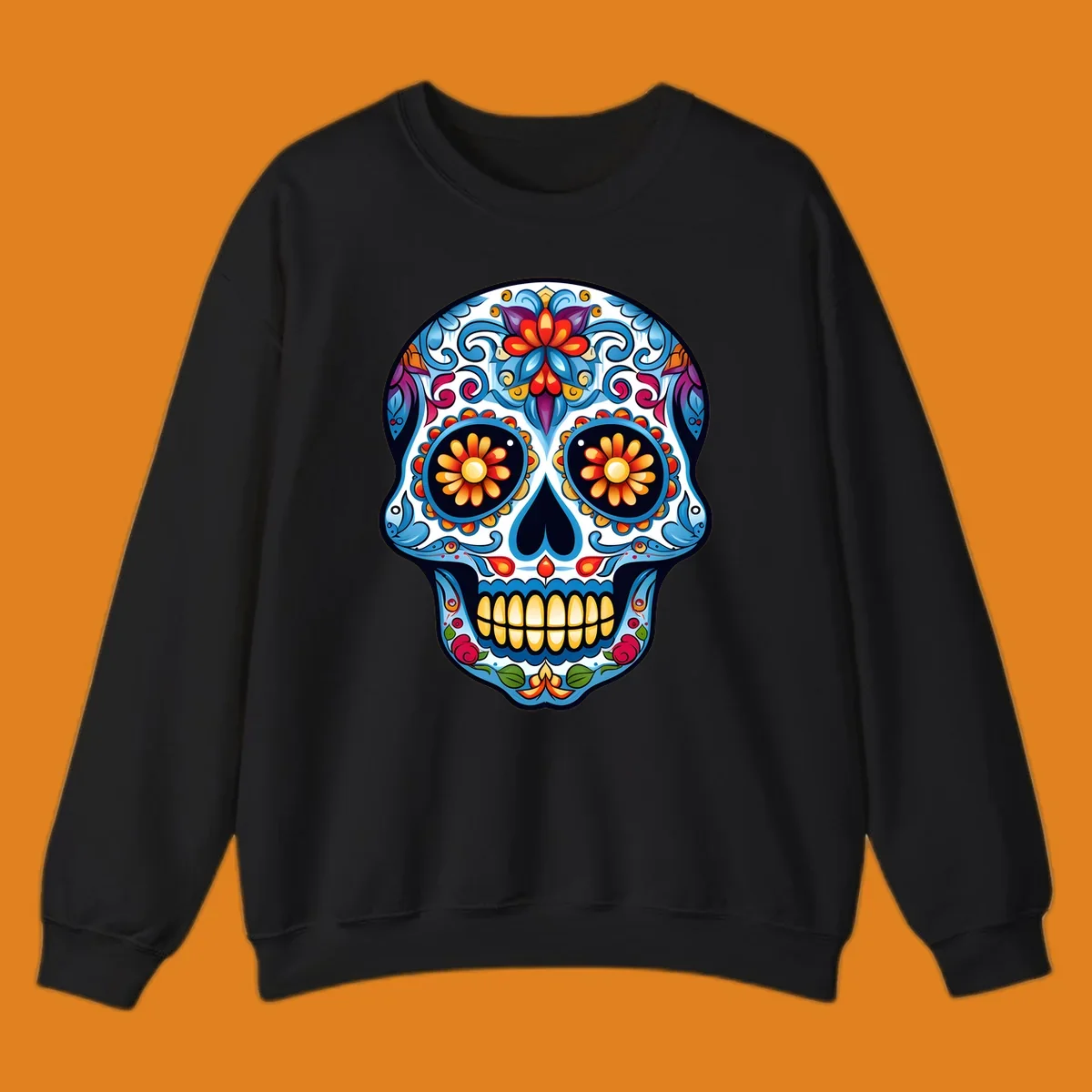 A vibrant floral calavera skull illustration, intricately decorated with colorful flowers and ornate scrolls.