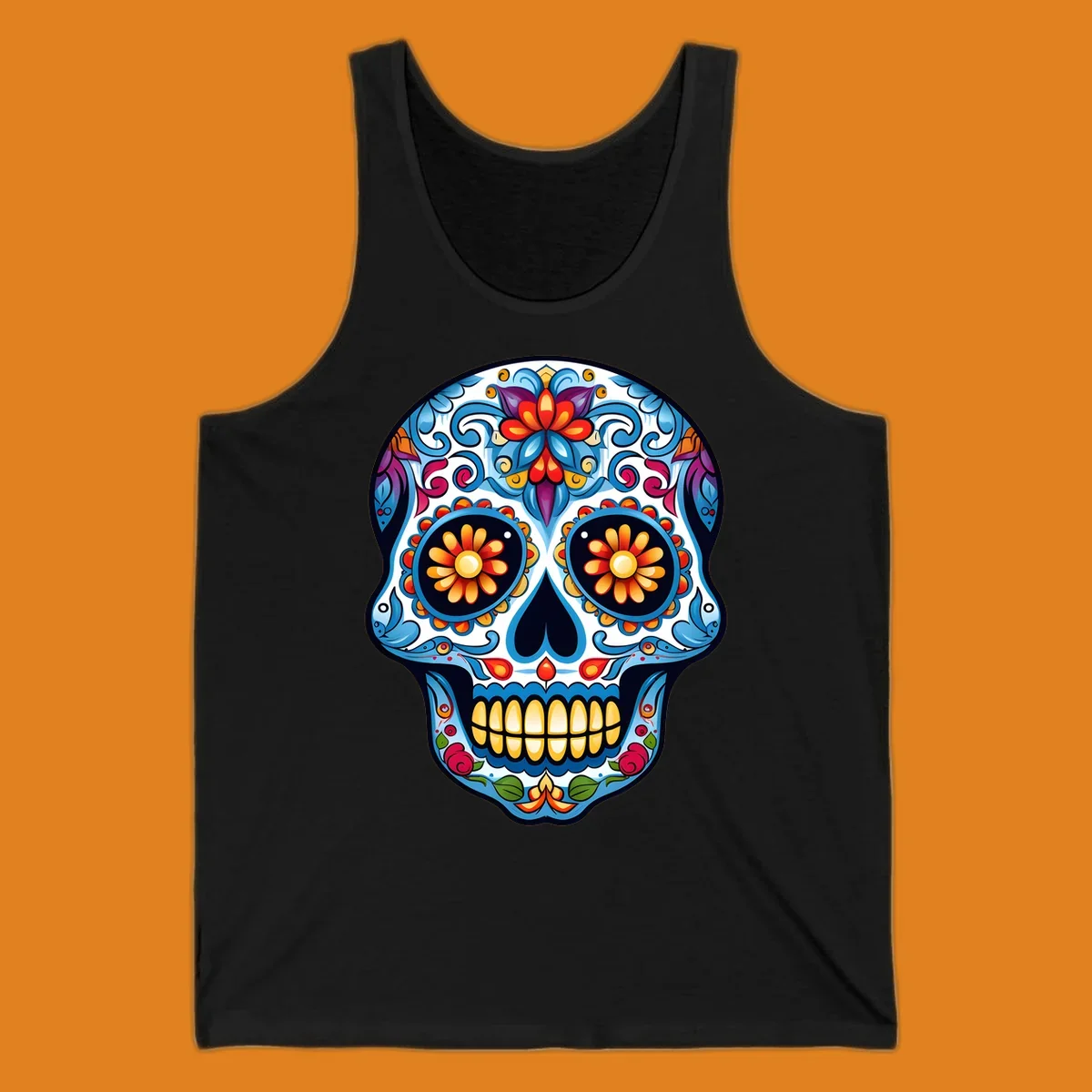 A vibrant floral calavera skull illustration, intricately decorated with colorful flowers and ornate scrolls.