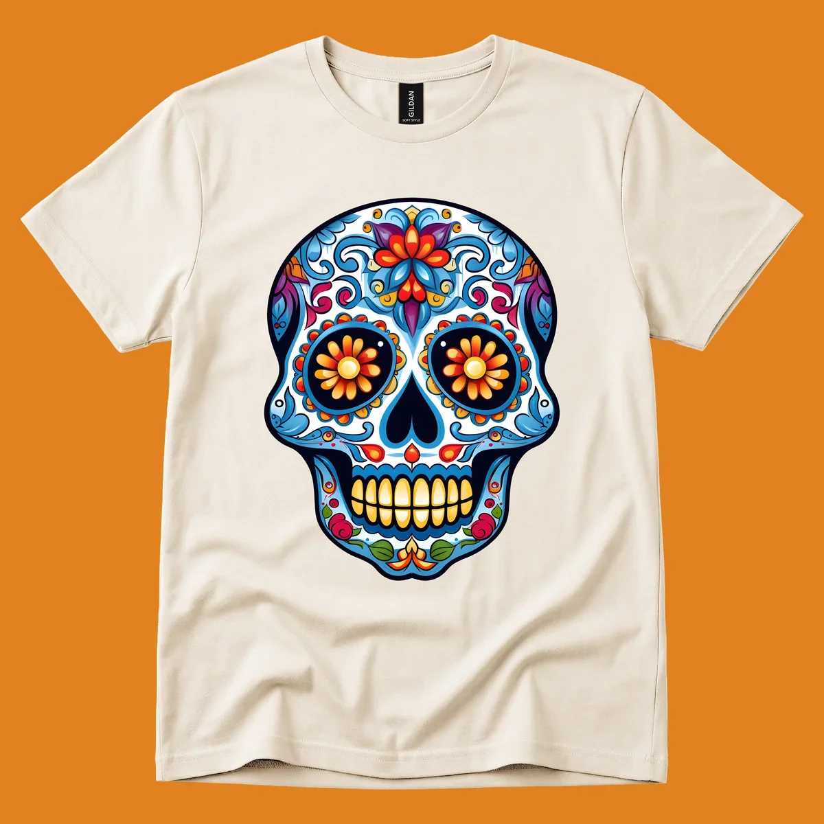 A vibrant floral calavera skull illustration, intricately decorated with colorful flowers and ornate scrolls.