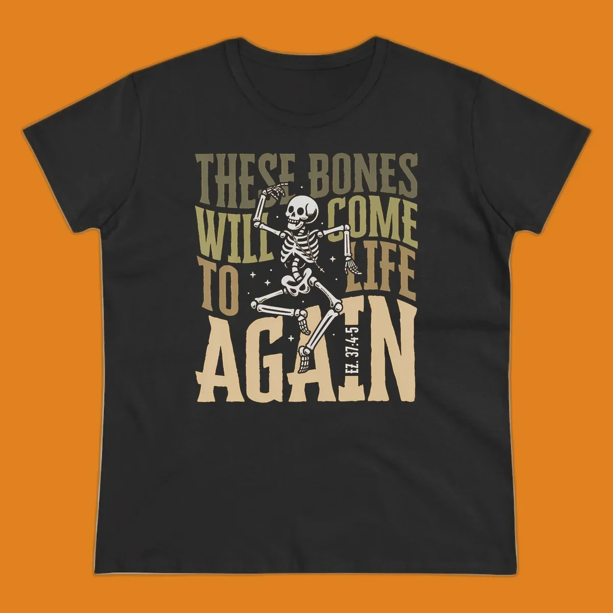 Dancing skeleton illustration with text 'These Bones Will Come To Life Again', representing the bones come to life concept.