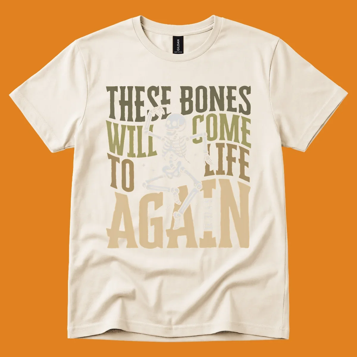 Dancing skeleton illustration with text 'These Bones Will Come To Life Again', representing the bones come to life concept.