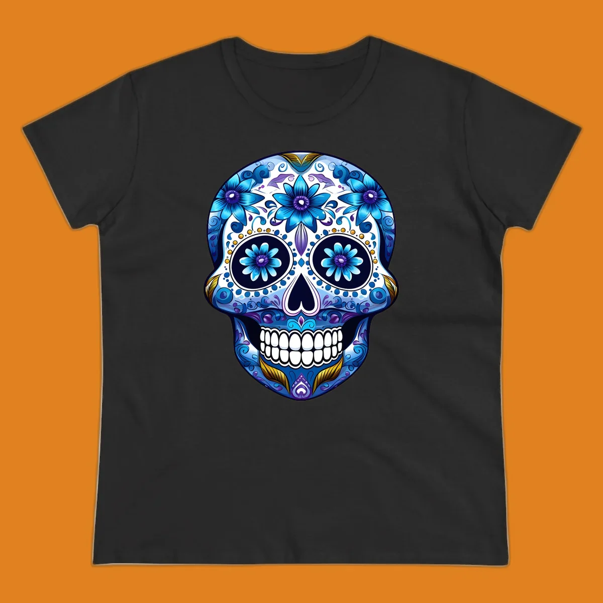 A vibrant blue floral calavera sugar skull illustration with intricate patterns, white teeth, and gold accents.