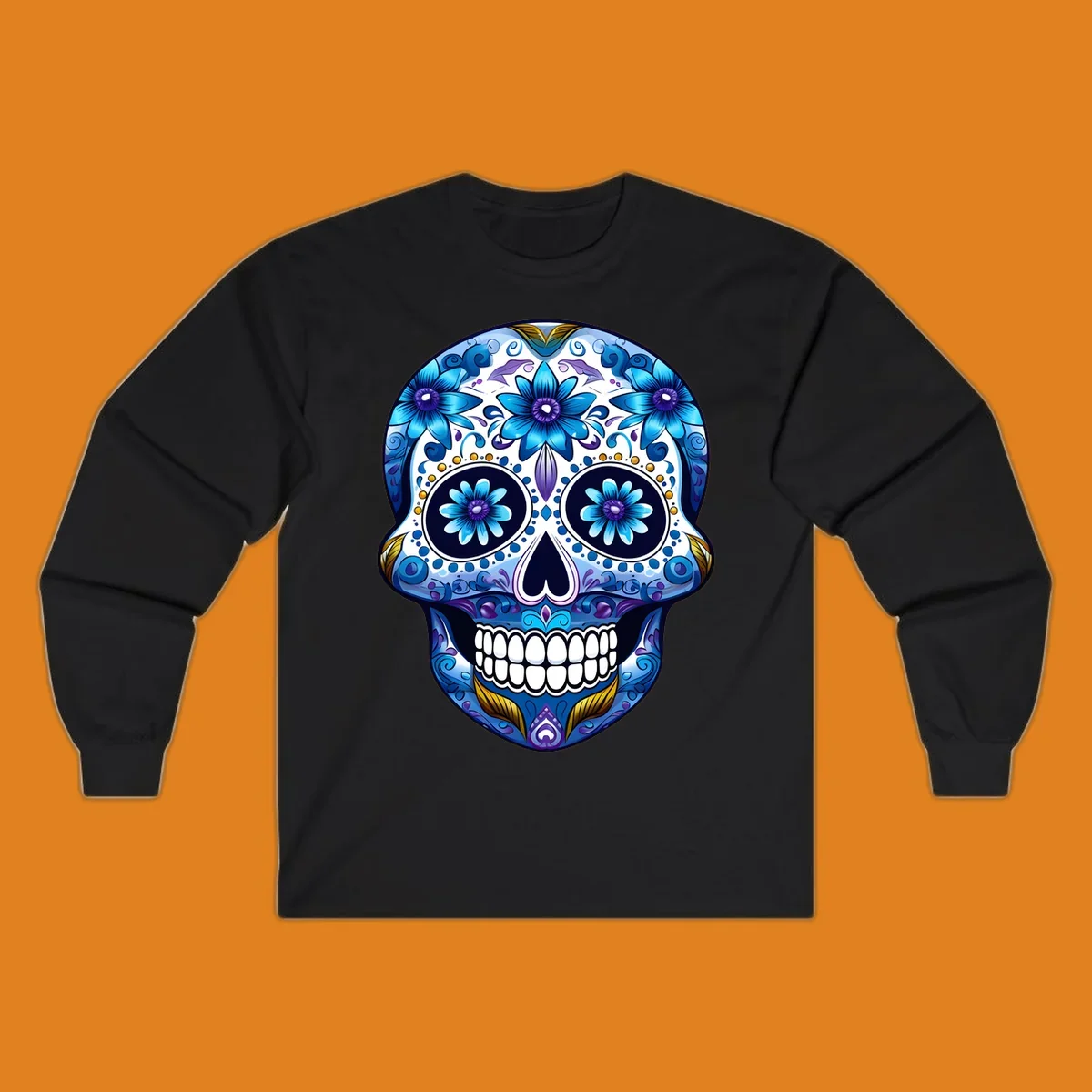 A vibrant blue floral calavera sugar skull illustration with intricate patterns, white teeth, and gold accents.