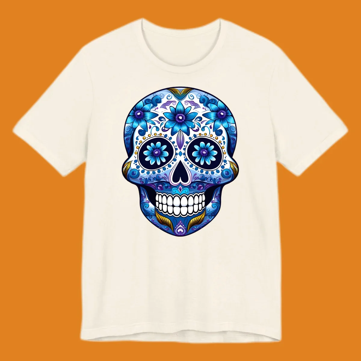 A vibrant blue floral calavera sugar skull illustration with intricate patterns, white teeth, and gold accents.