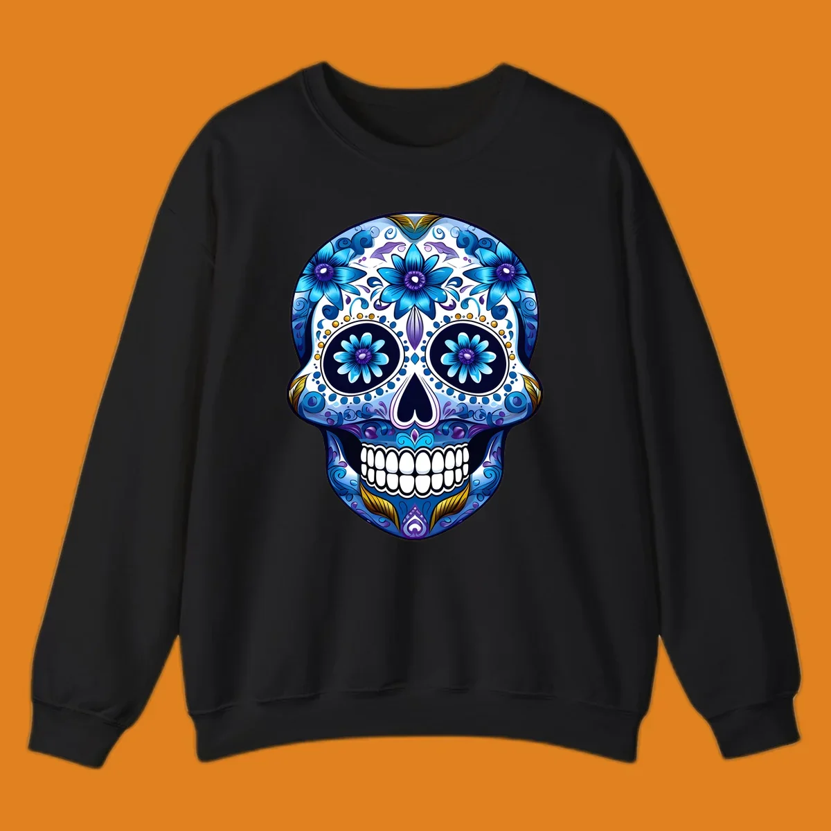 A vibrant blue floral calavera sugar skull illustration with intricate patterns, white teeth, and gold accents.