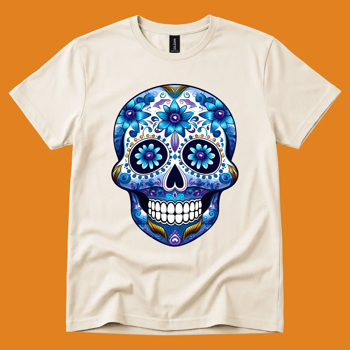 A vibrant blue floral calavera sugar skull illustration with intricate patterns, white teeth, and gold accents.
