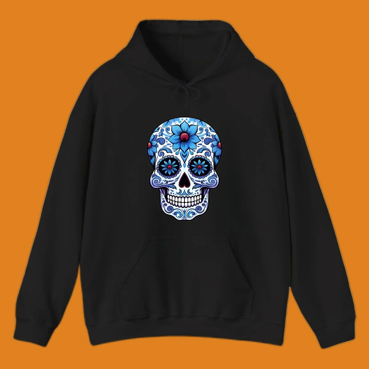 An intricately decorated blue floral sugar skull, featuring prominent blue flowers and swirling patterns. This blue-floral-sugar-skull is highly stylized.