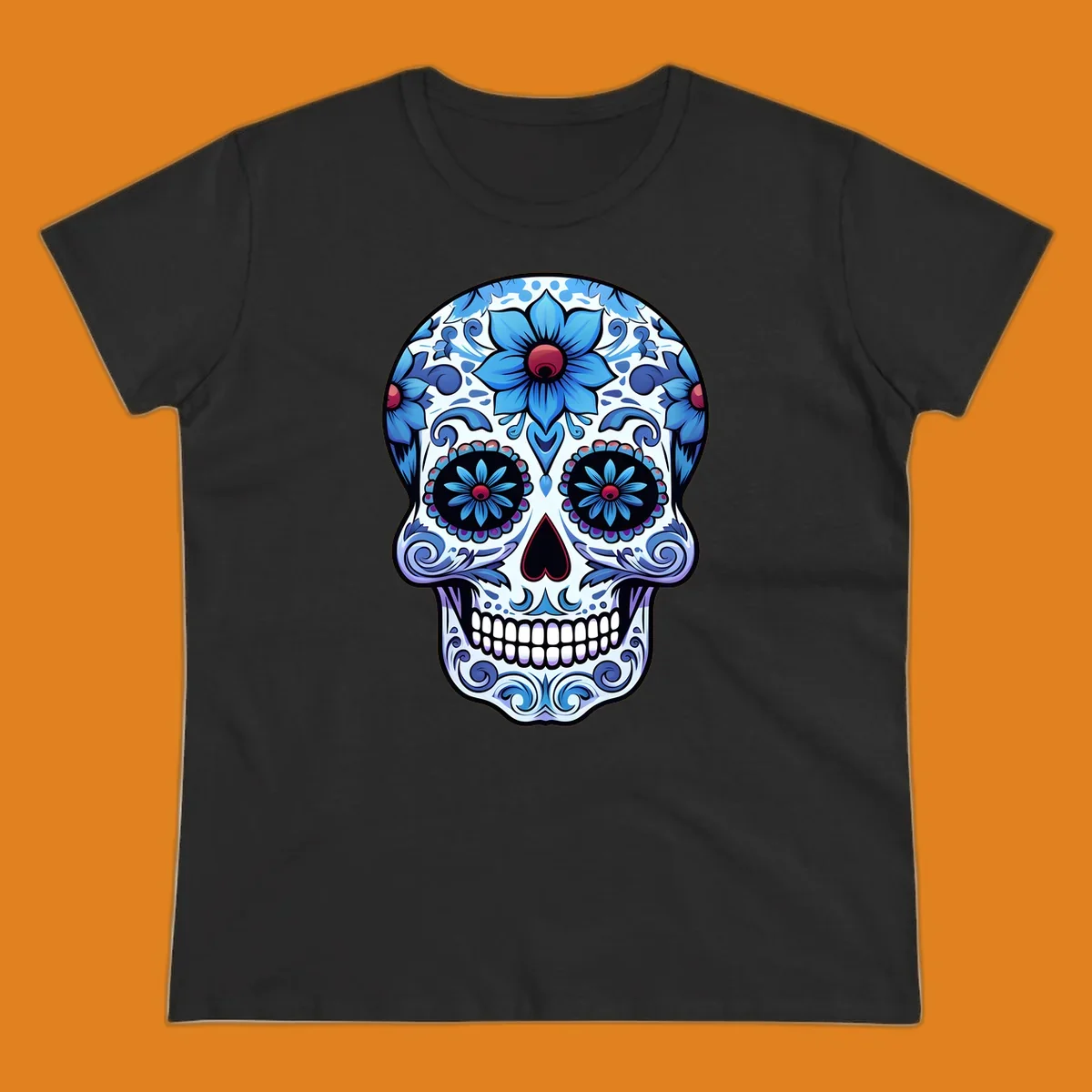 An intricately decorated blue floral sugar skull, featuring prominent blue flowers and swirling patterns. This blue-floral-sugar-skull is highly stylized.