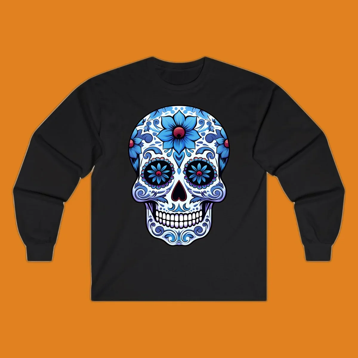 An intricately decorated blue floral sugar skull, featuring prominent blue flowers and swirling patterns. This blue-floral-sugar-skull is highly stylized.