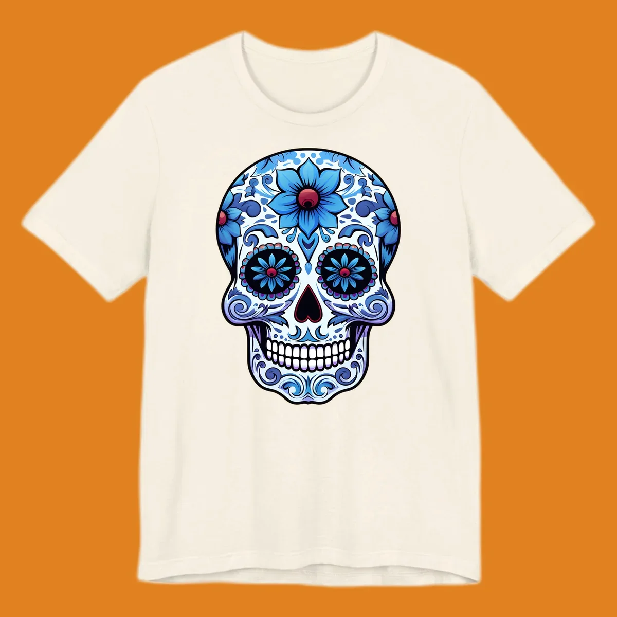 An intricately decorated blue floral sugar skull, featuring prominent blue flowers and swirling patterns. This blue-floral-sugar-skull is highly stylized.